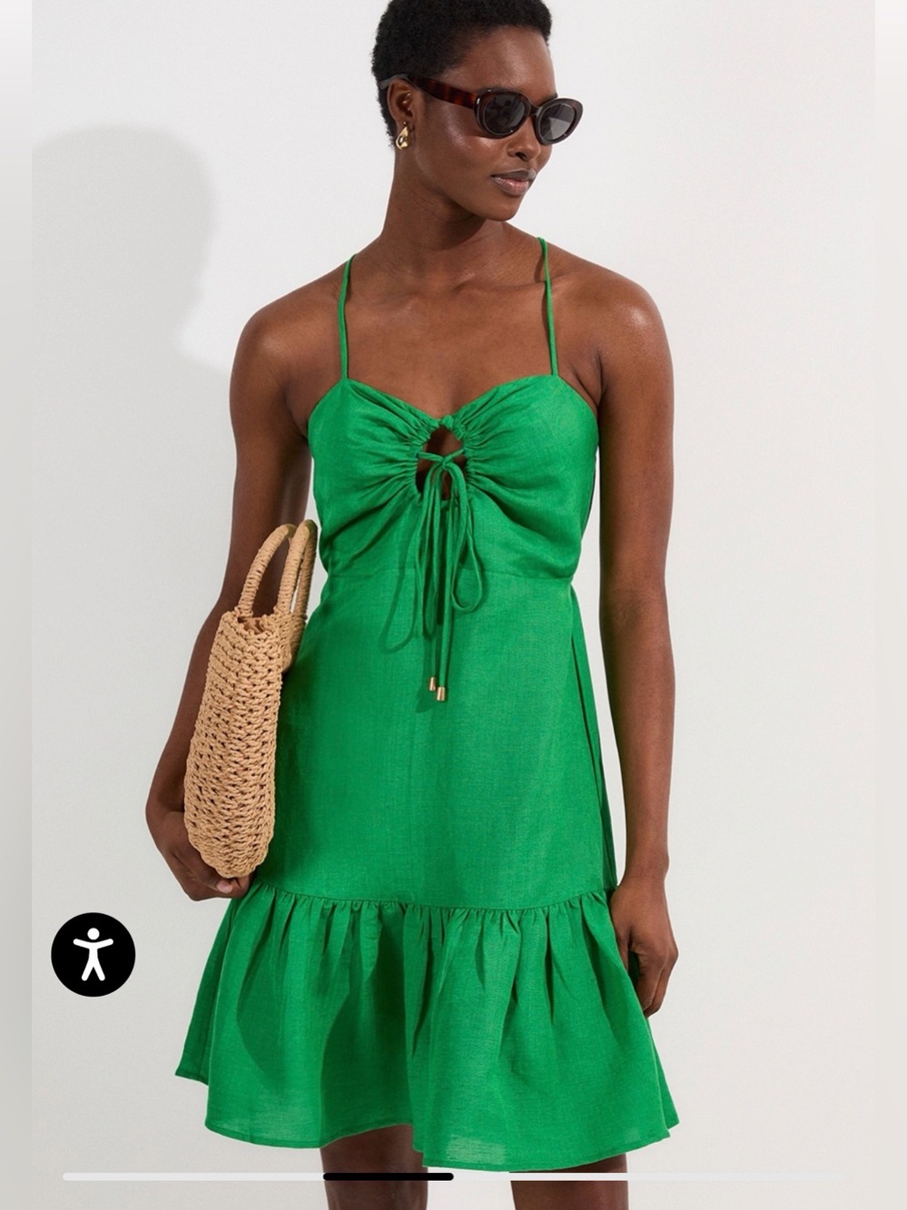 Karen Millen Emerald Green Tie-Front Spaghetti Strap Mini Dress